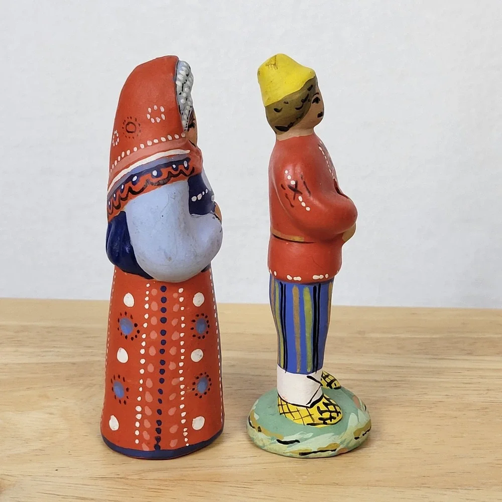 Vintage 90s Russian Pskov Clay Figurine Whistles Folk Art Hand Painted Couple